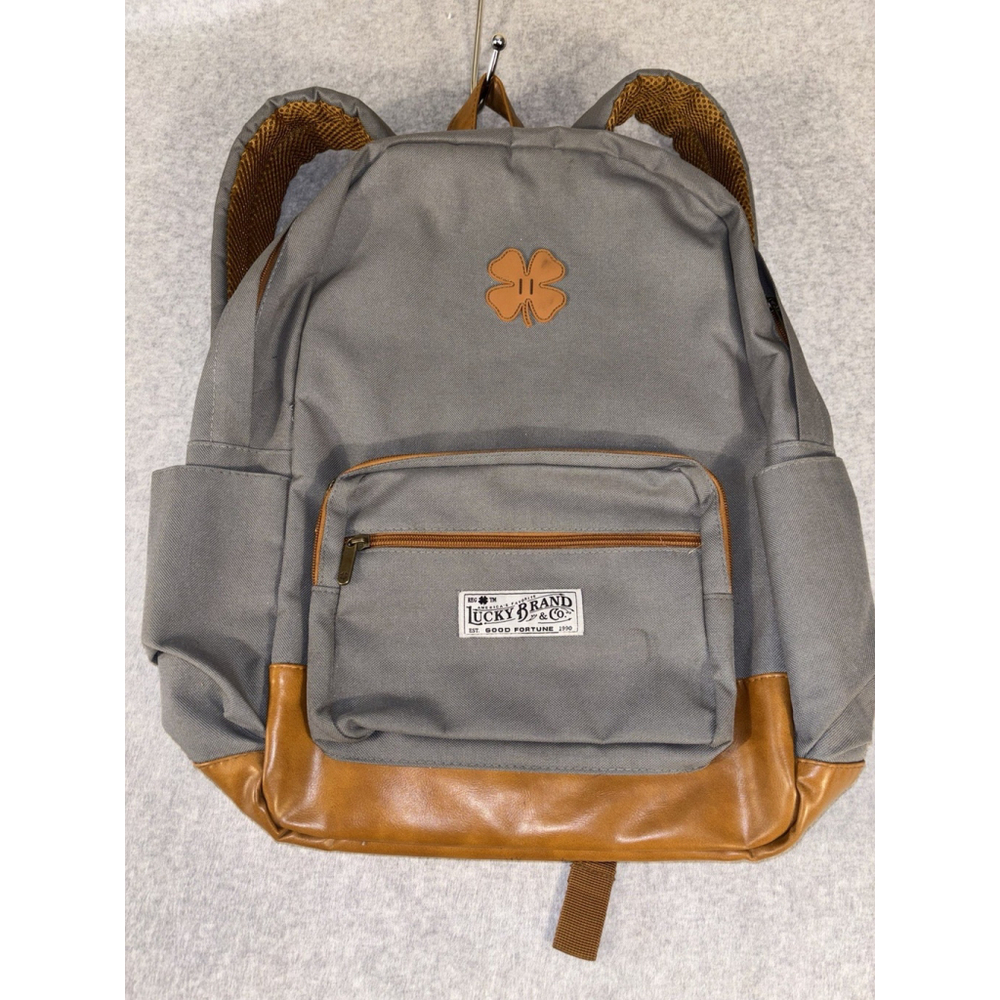 Lucky Brand Gray Canvas Backpack Brown Trim Casual School Travel Bag